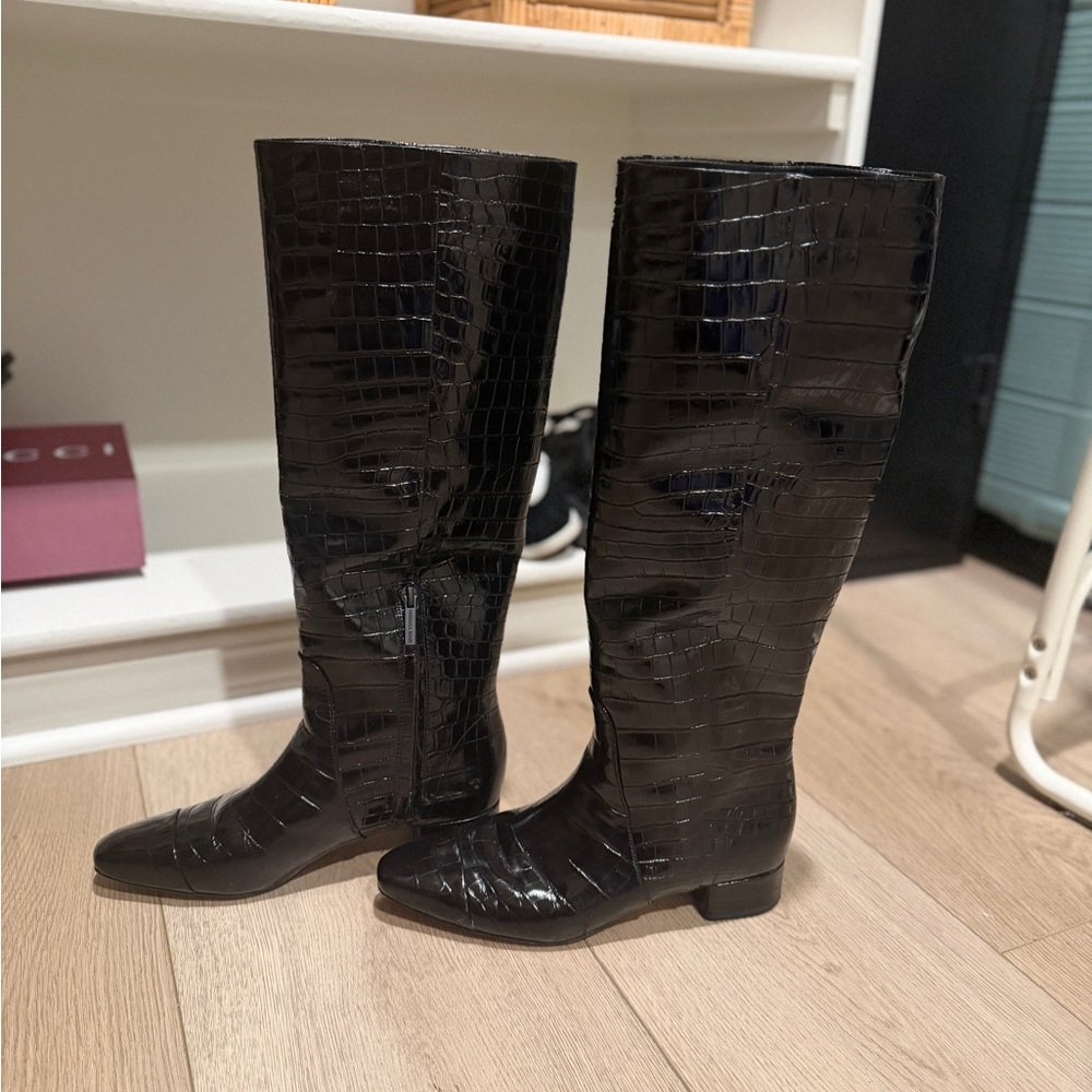 Veronica Beard black Croc-Embossed Knee-High Boots